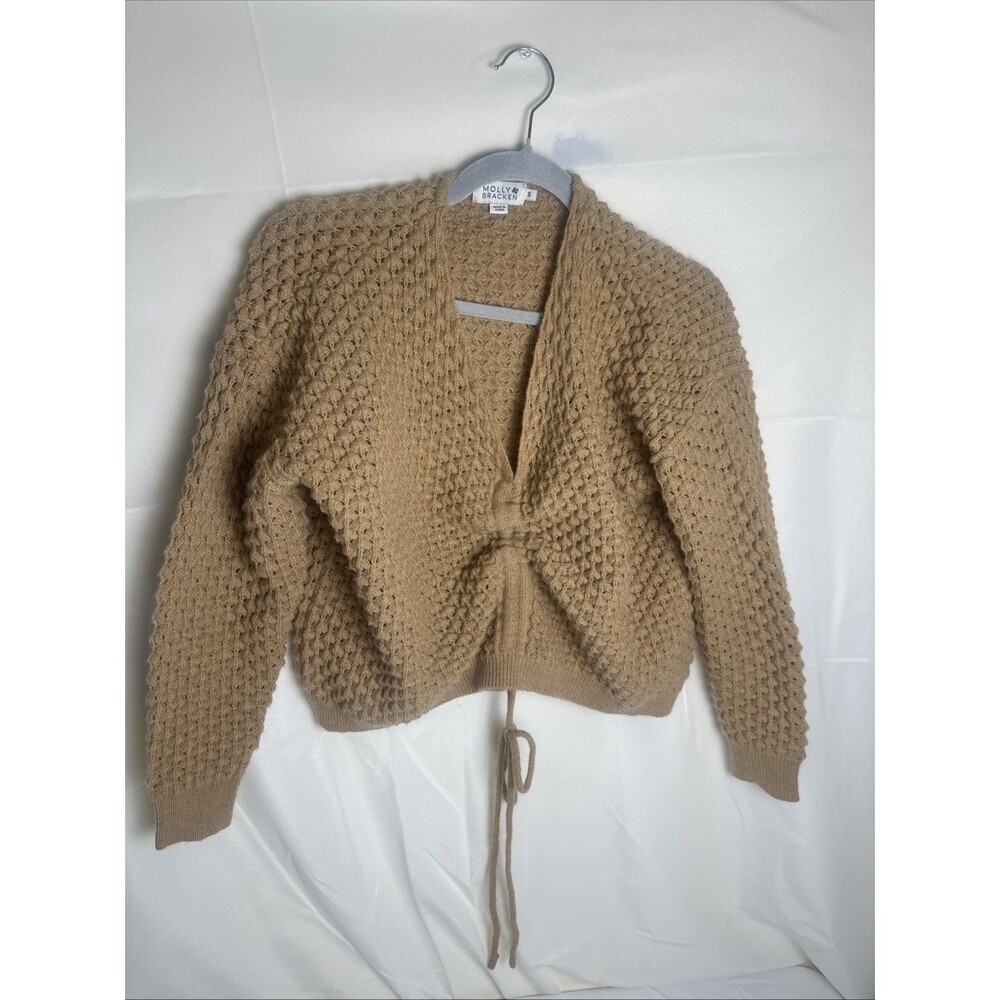 Gold Molly Bracken Waffle-Knit Cropped Drawstring V Neck Sweater Women’s Sz S